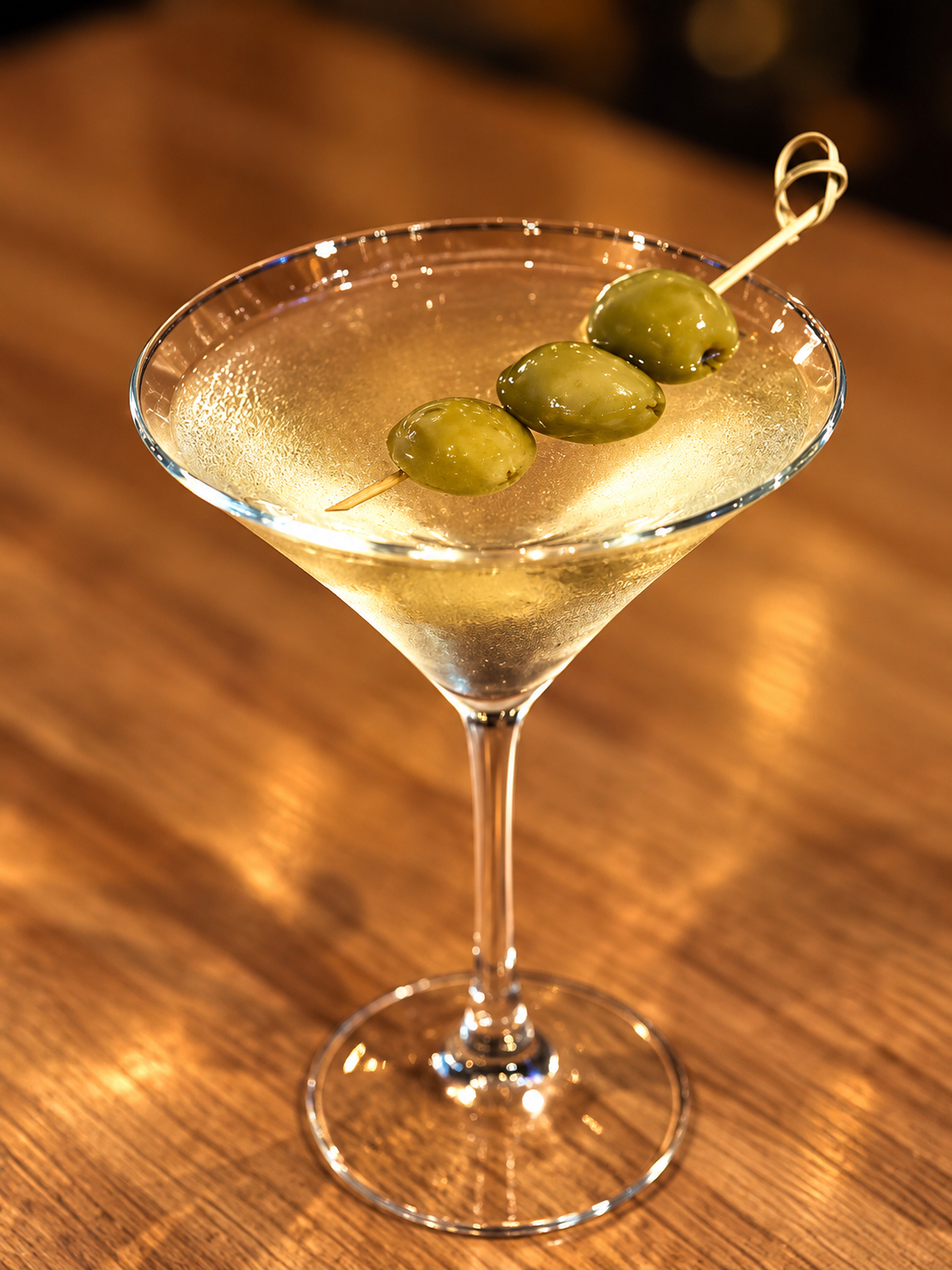a martini glass with a green olive on top