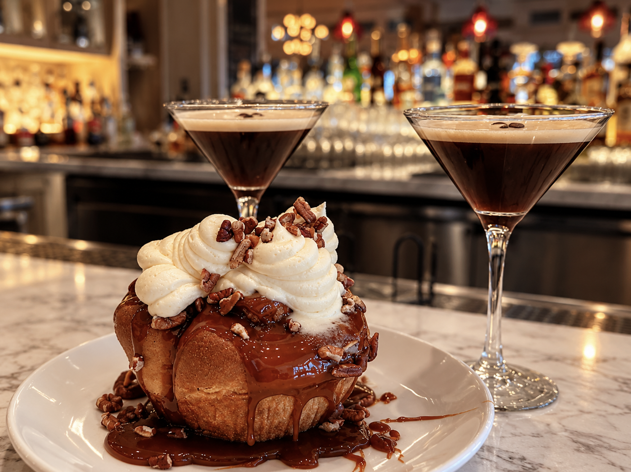 Caramel-drizzled brunch pastry topped with whipped cream and pecans, served with two espresso martinis at the Bottiglia bar.