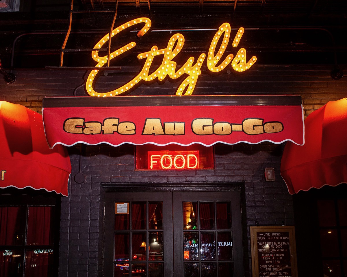 a store front at night