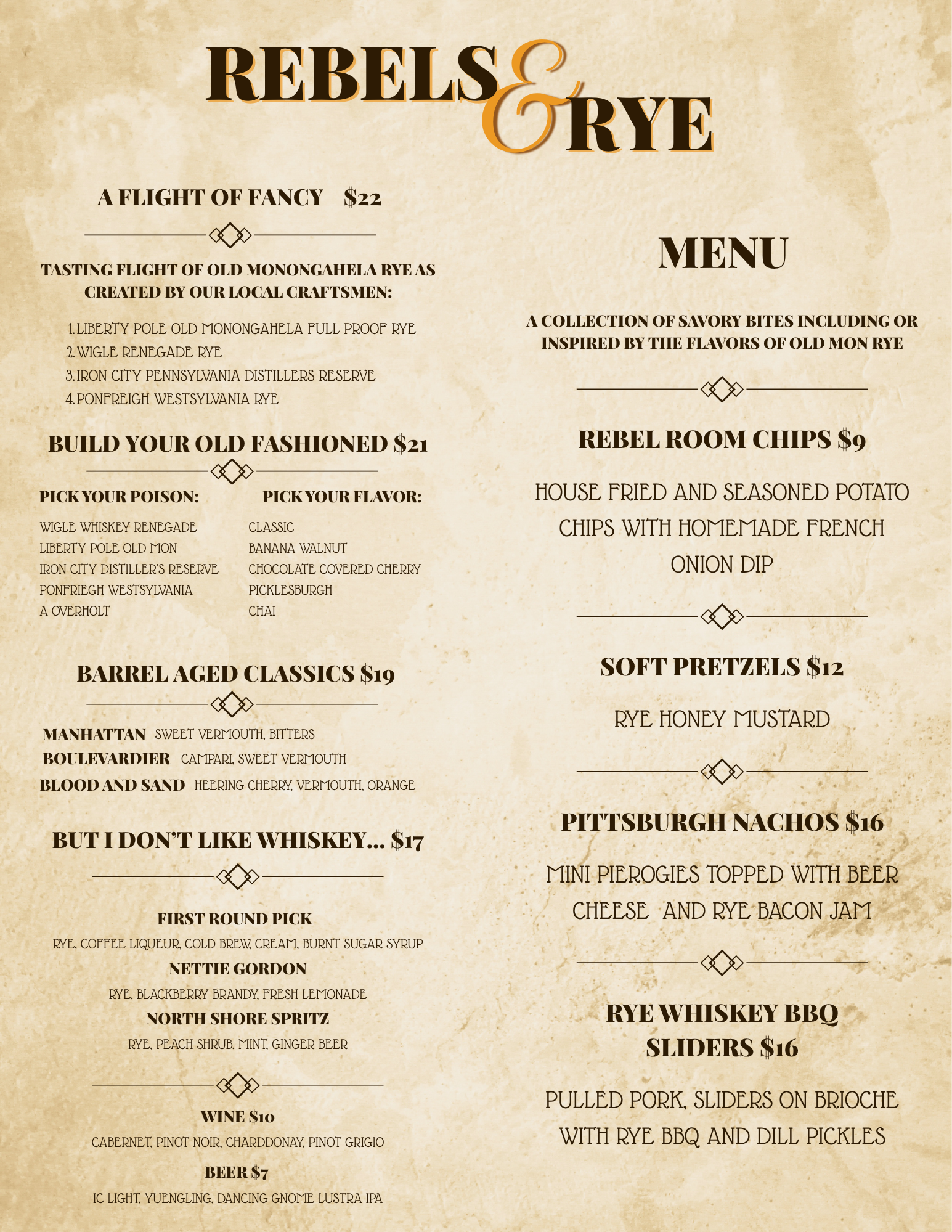 a menu with black text and gold letters
