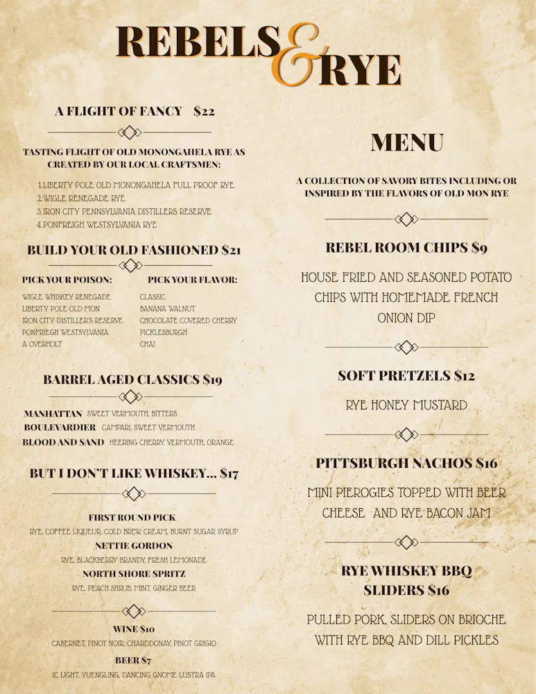 a menu with black text and gold letters