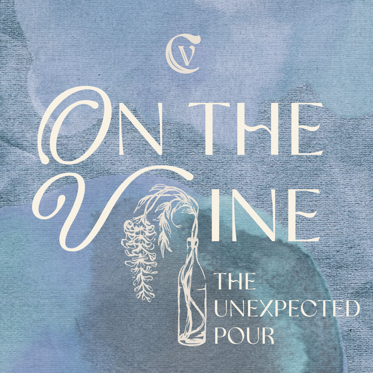 a blue and white label with a bottle and a branch