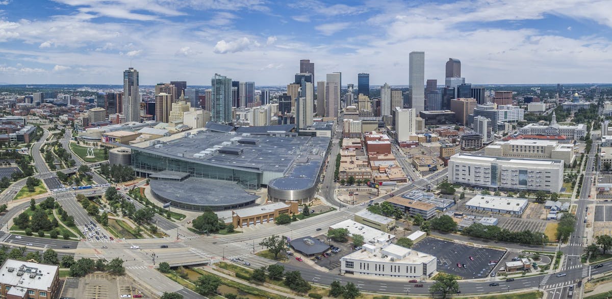 Aerial panorama of Denver, Colorado skyline as viewed from west looking east. Visit Terra Denver New American cuisine.