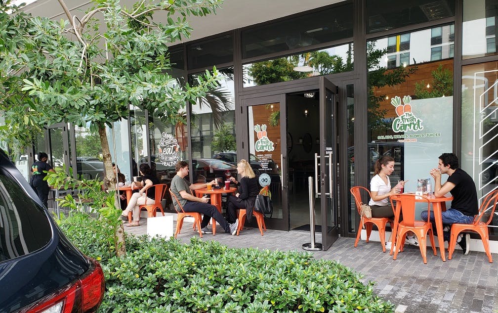 a group of people sitting in front of a building