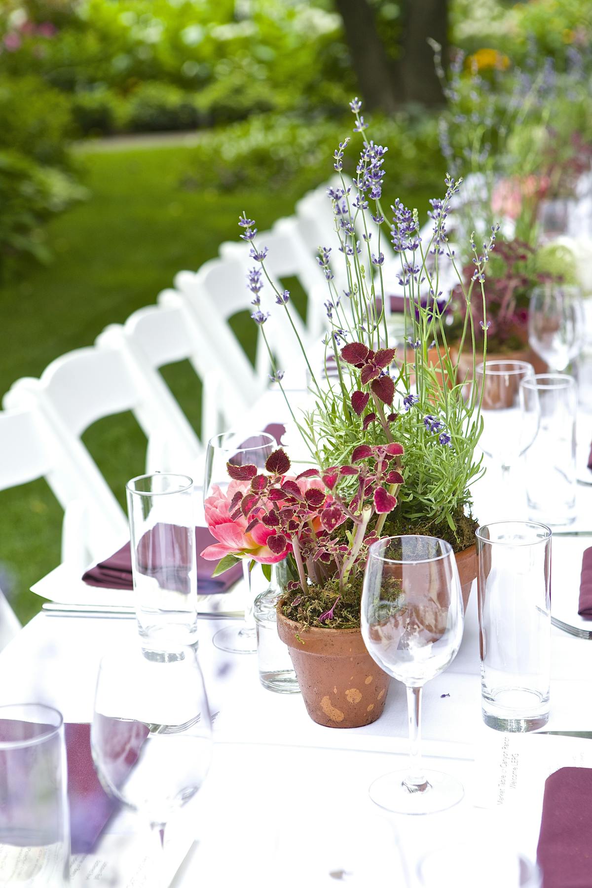 a vase of flowers on a table with wine glasses