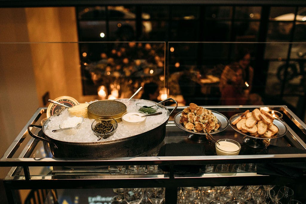 a plate of food and a glass display case