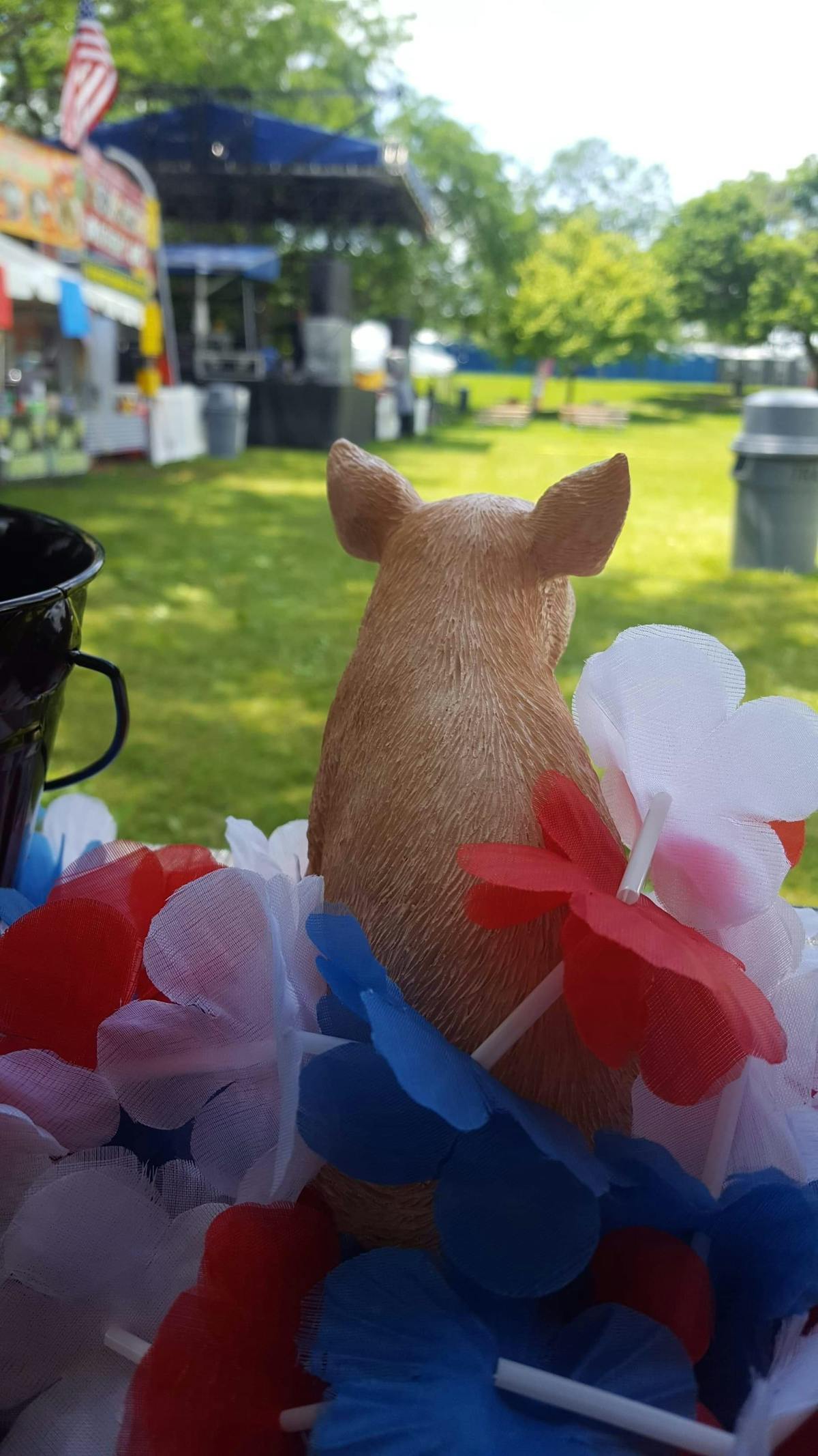 a group of stuffed animals sitting on top of a picnic table