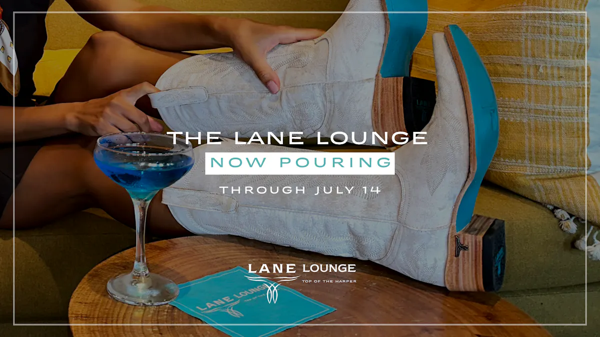 Lane Boots and a blue cocktail promoting The Lane Lounge, now pouring through July 14.