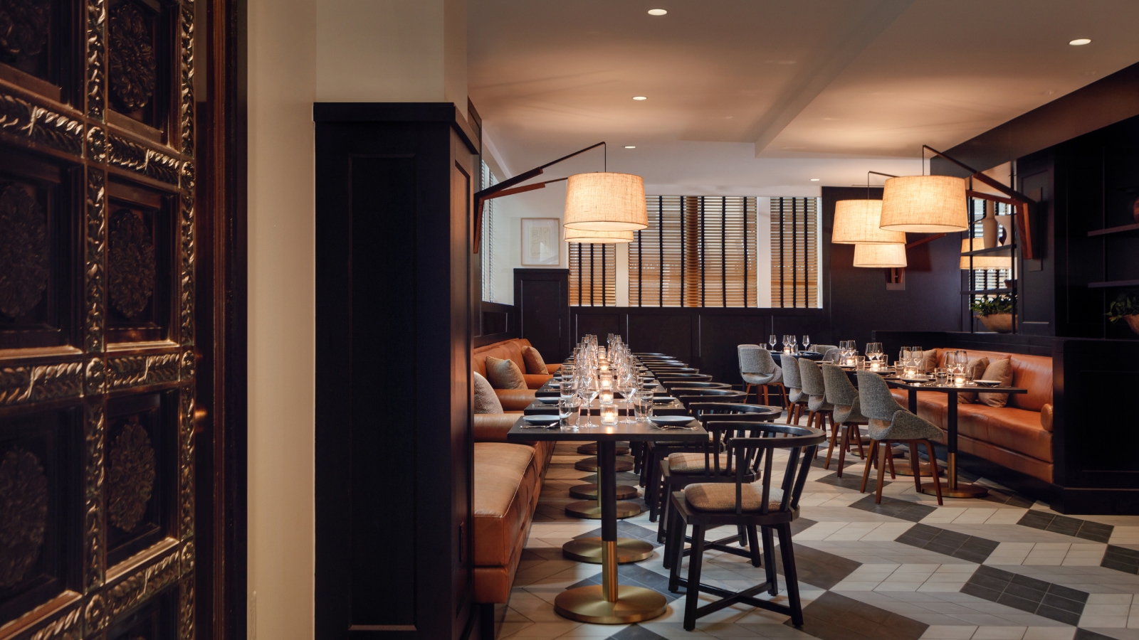 Warm, modern dining room at il Modo in downtown Fort Worth.