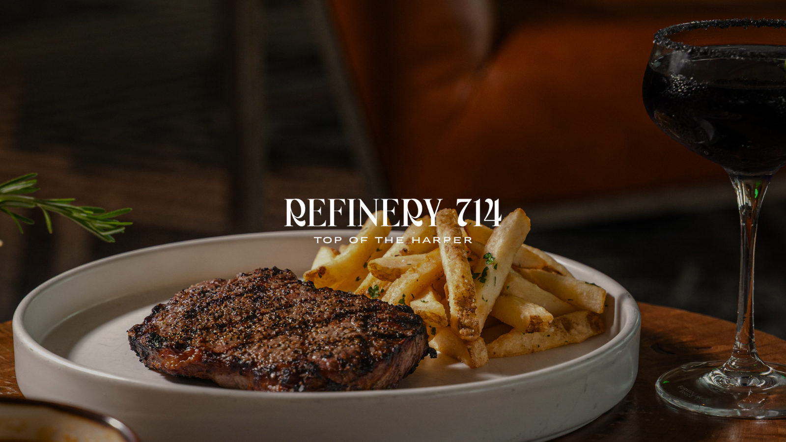 Steak frites with cocktail at Refinery 714.