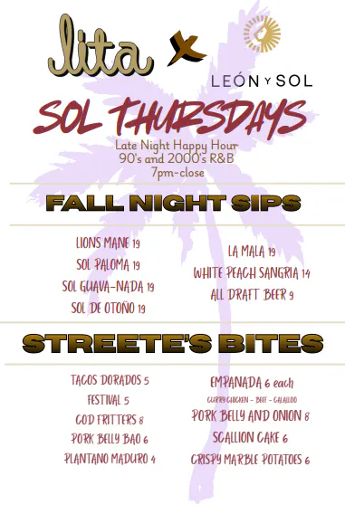 a menu with palm trees and text