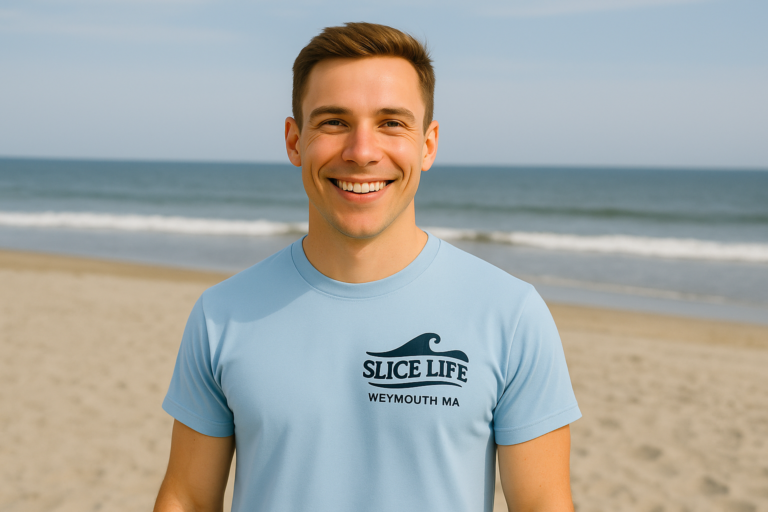 a man smiling at the beach