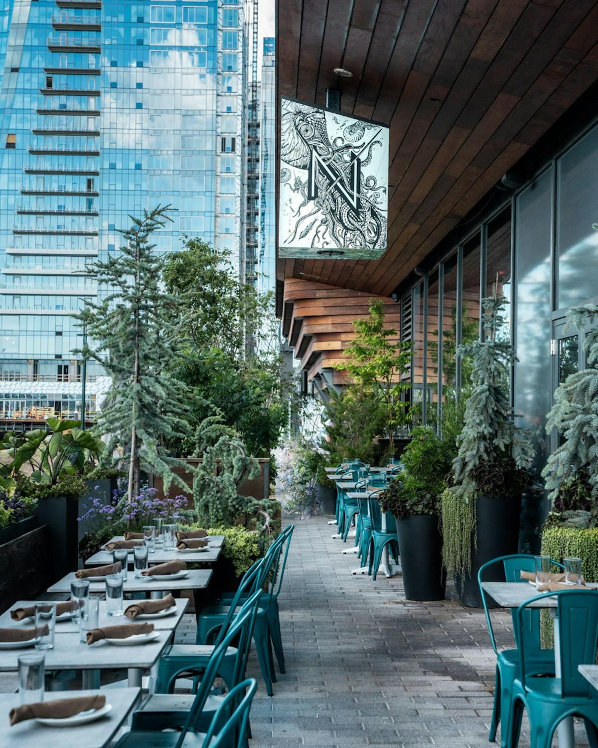 a dining room table in front of a building