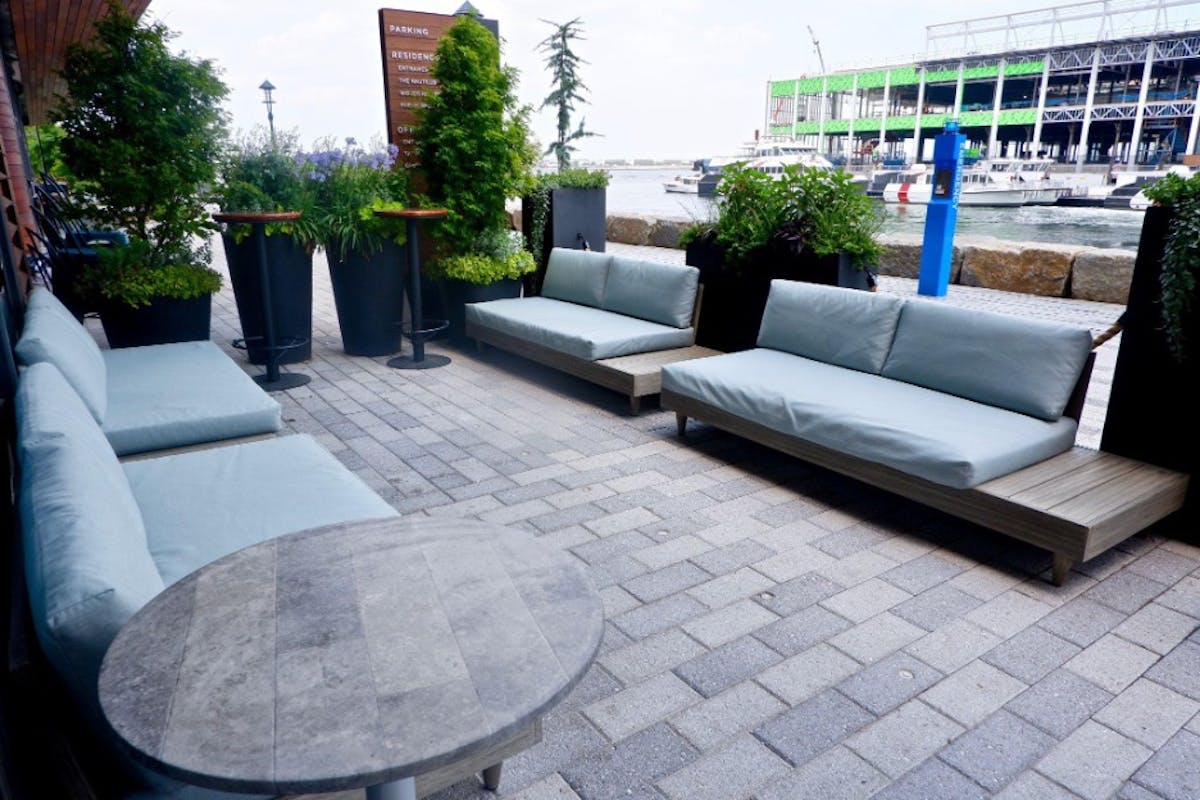 a bench in front of a building