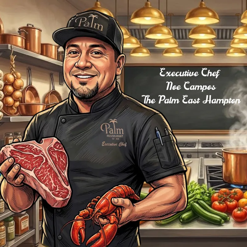 a chef holding a piece of meat and lobster