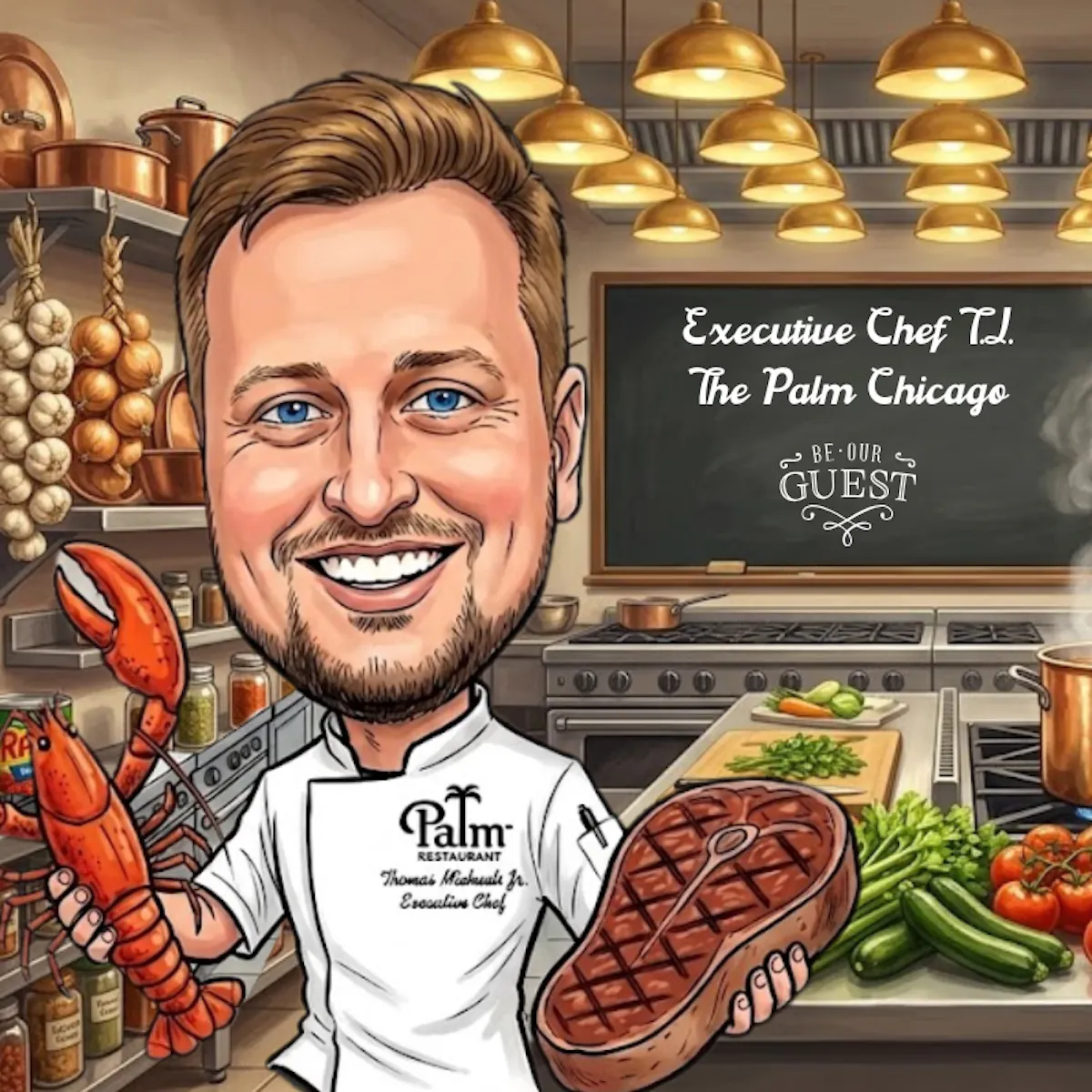 cartoon of a man holding a steak in a kitchen
