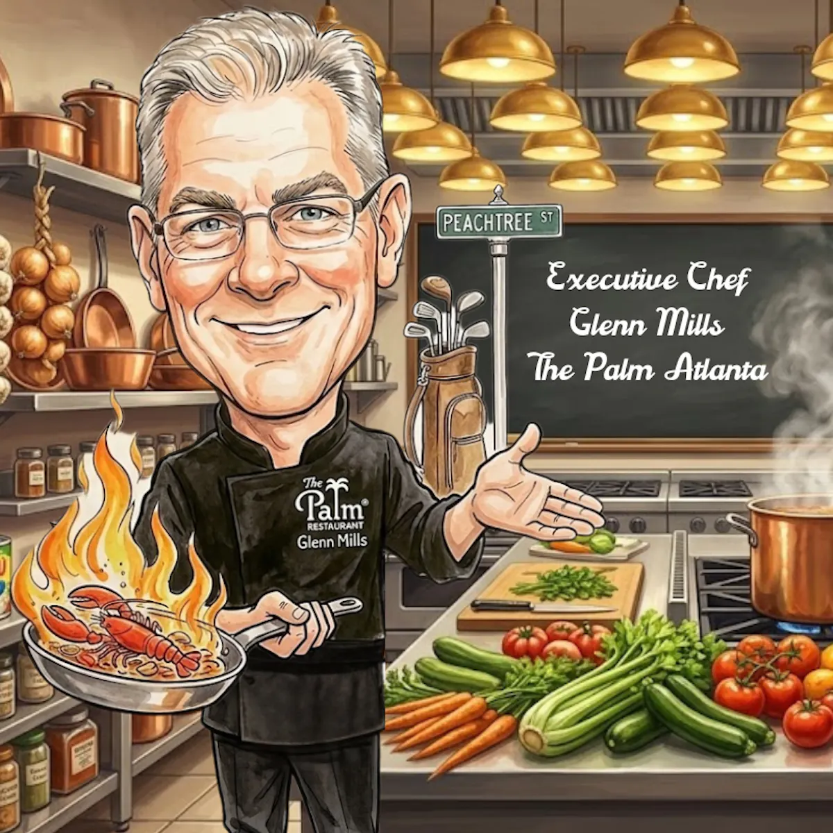 a cartoon of a chef in a kitchen