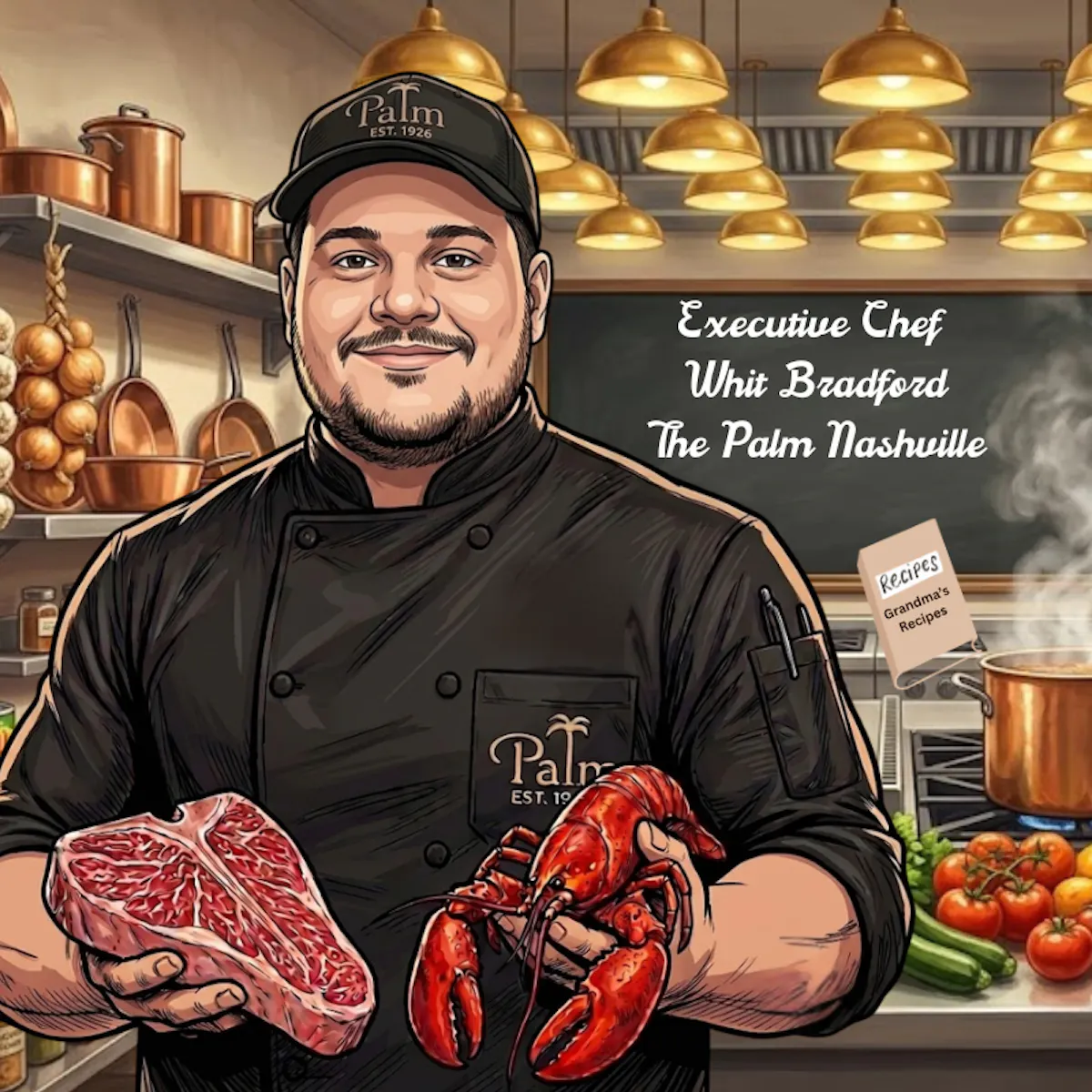 a man holding a piece of meat and a lobster