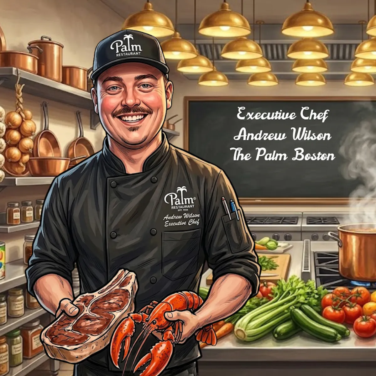 a man holding a steak and lobster