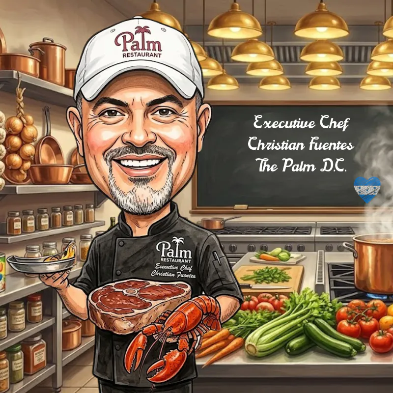 a cartoon of a chef holding a plate of meat and lobster