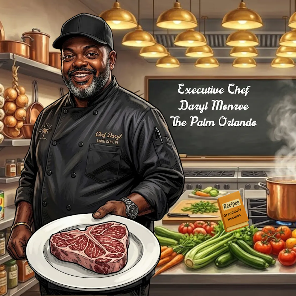 a chef holding a plate of meat