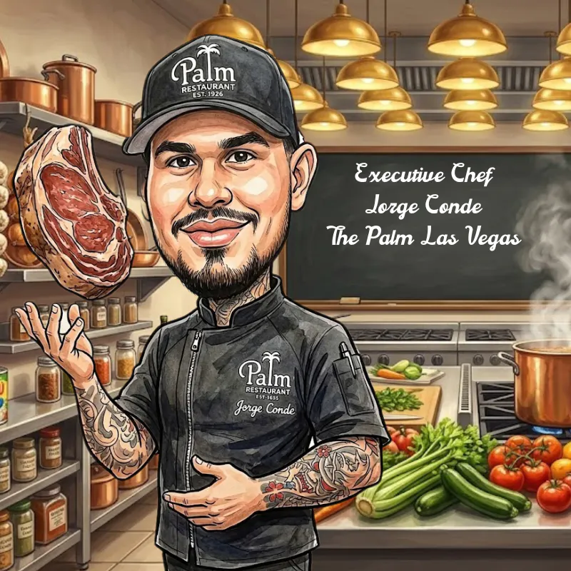 a cartoon of a chef holding a piece of meat