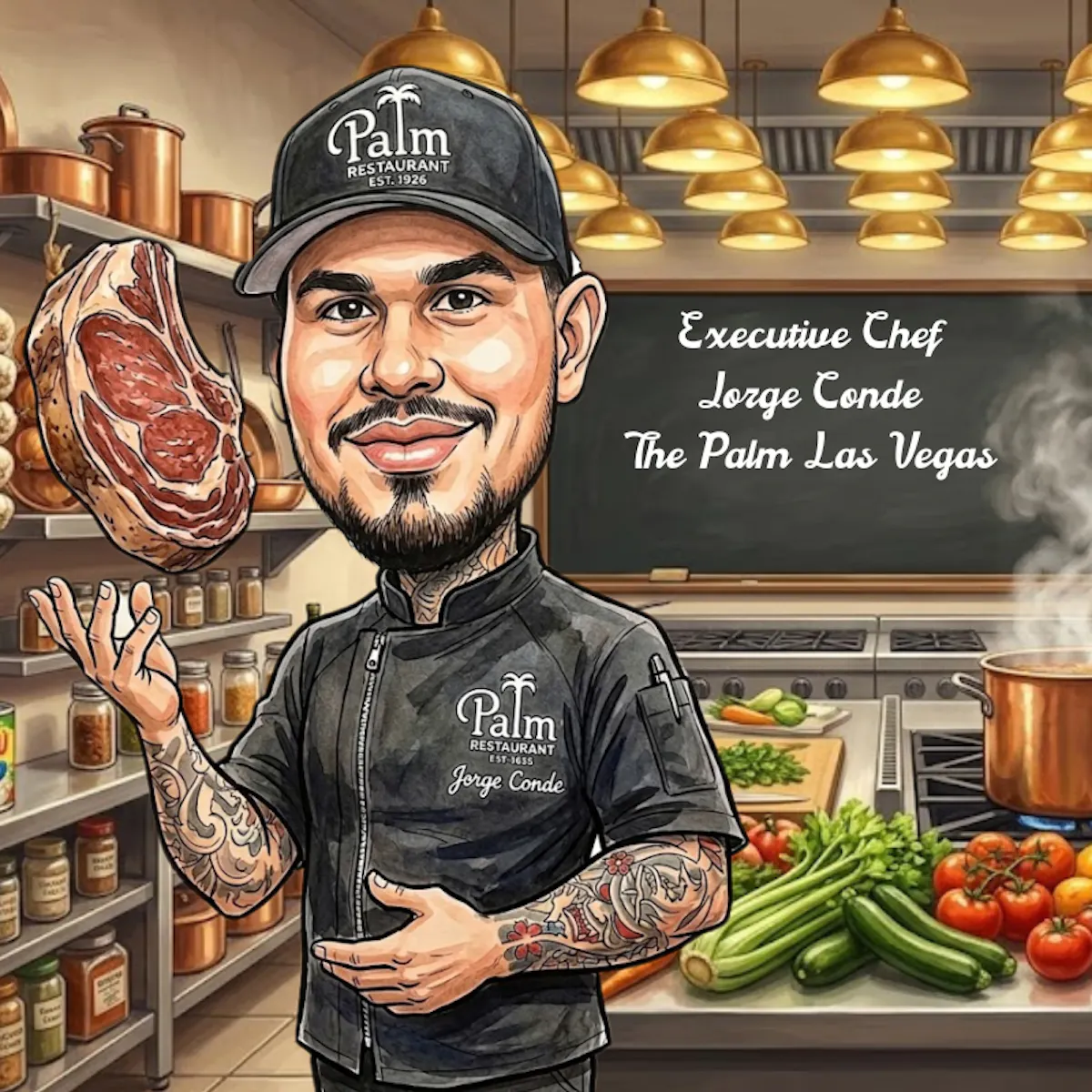 a cartoon of a chef holding a piece of meat