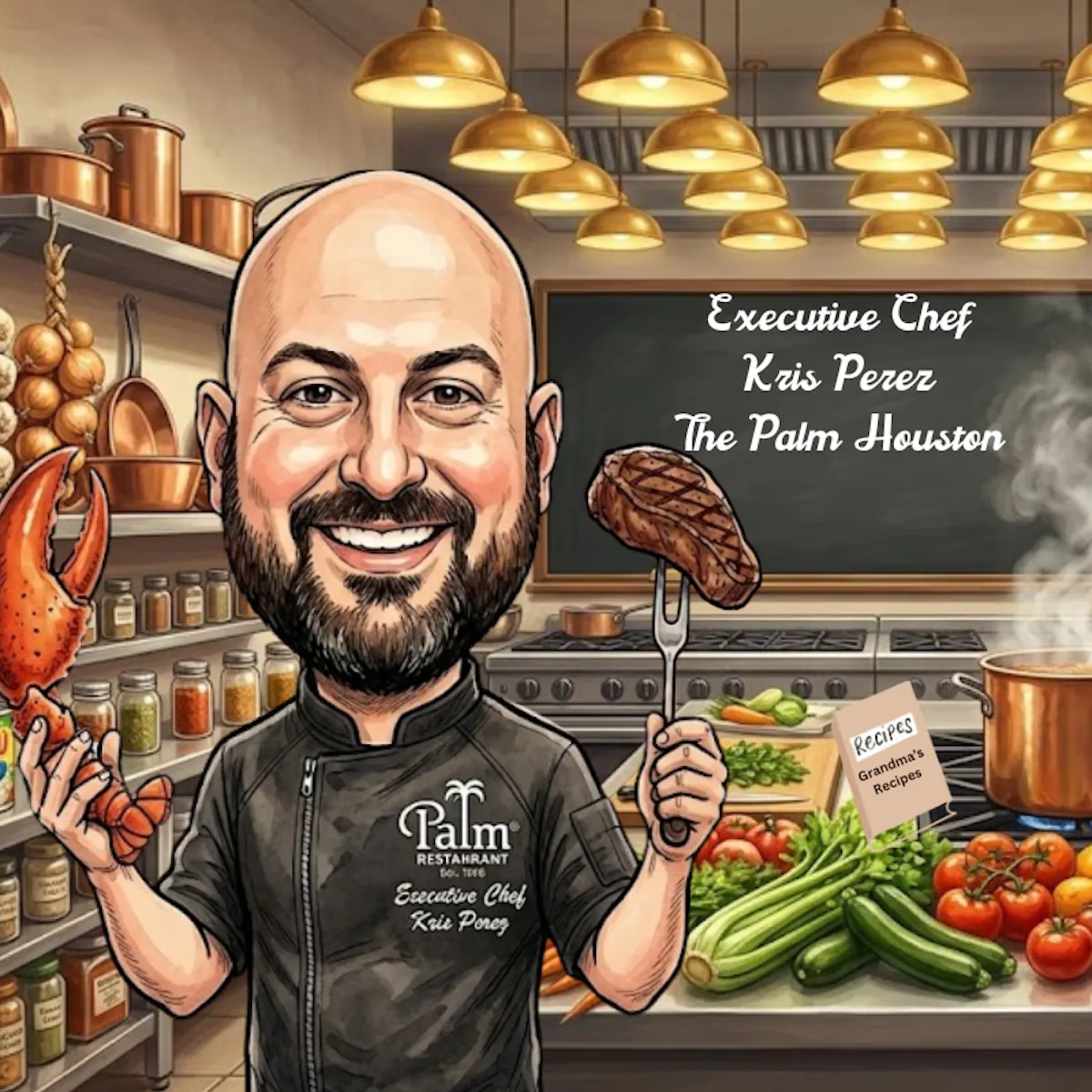 cartoon of a man holding a steak and a lobster in a kitchen