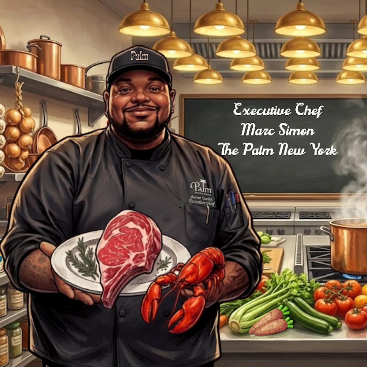 a man holding a plate of meat and lobster