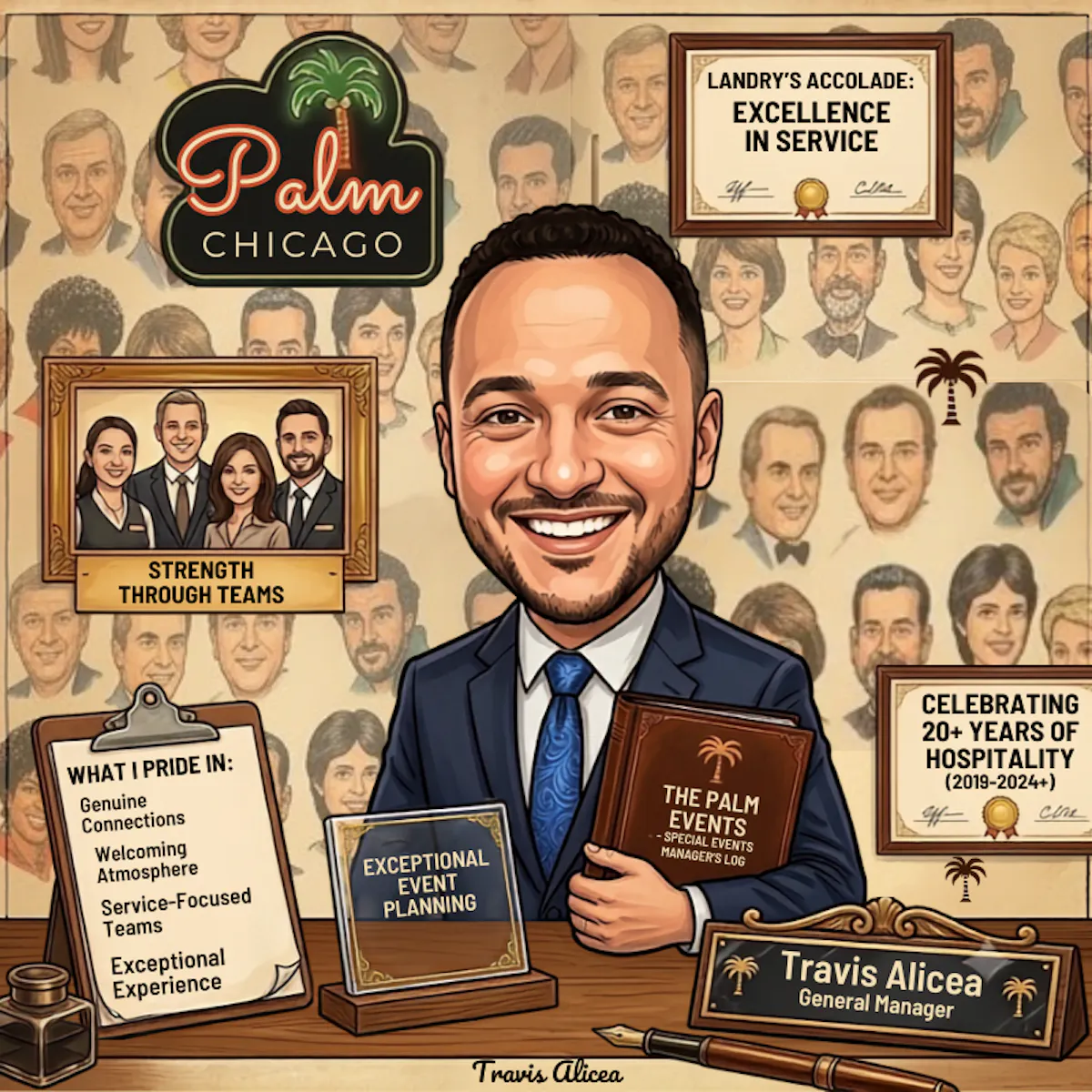a man smiling at a table with a few signs