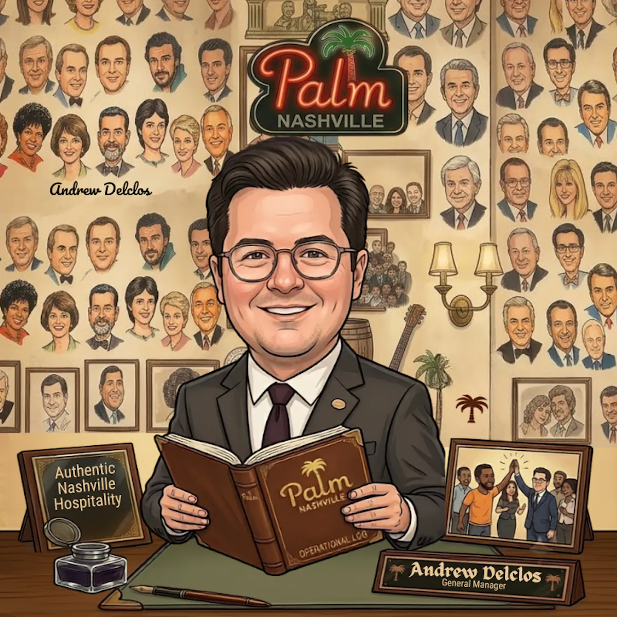a man sitting at a desk with a book and portraits of people