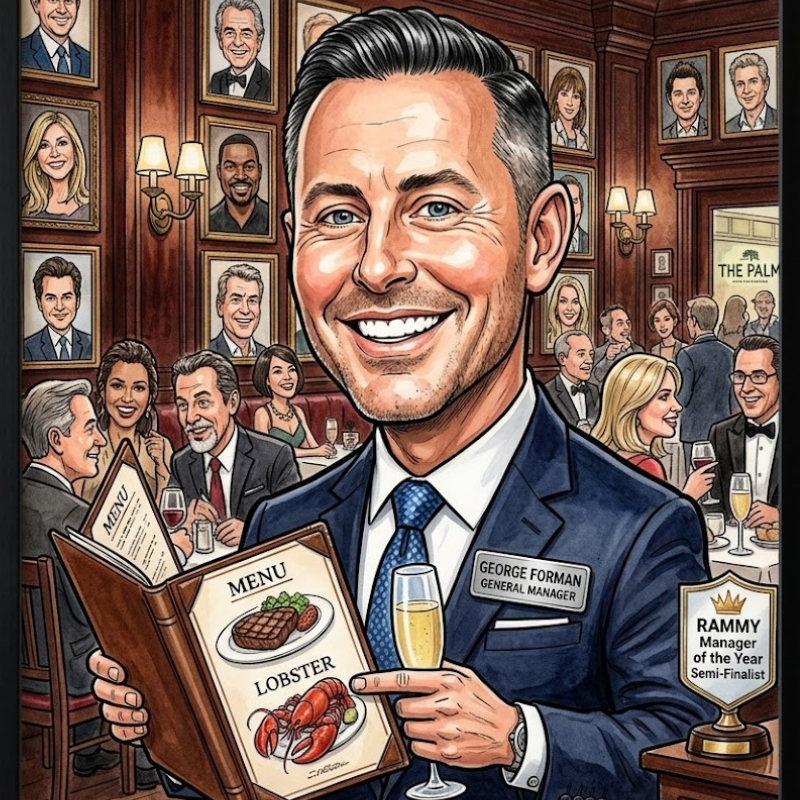 a man holding a menu and a glass of champagne