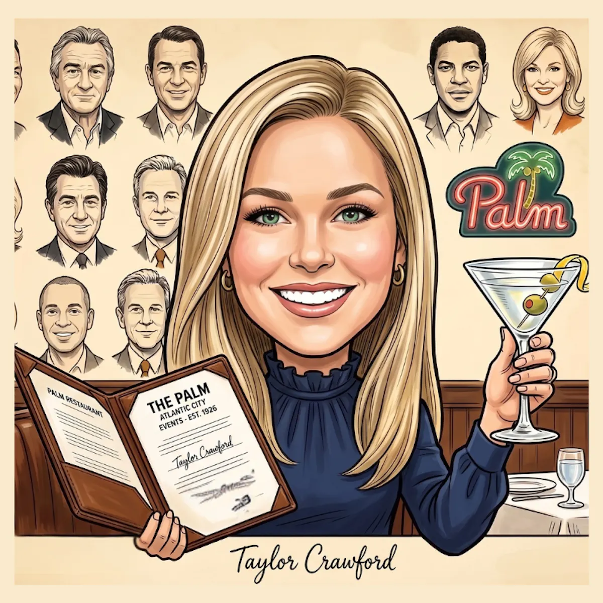 a woman holding a book and a martini