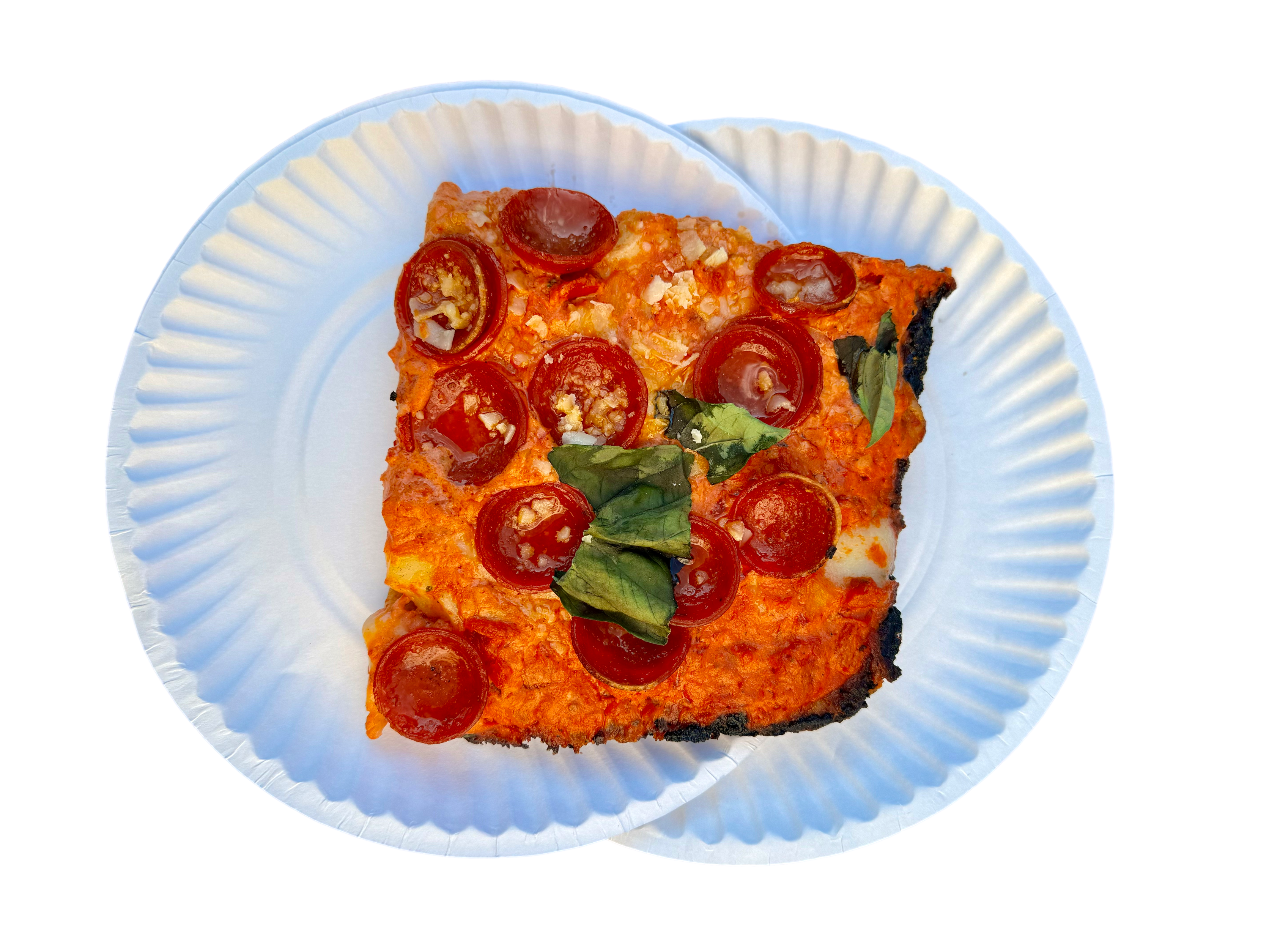 a slice of pizza on a paper plate