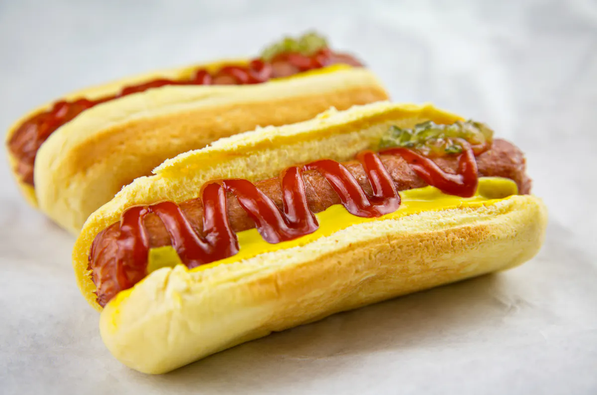 a close up of hot dogs