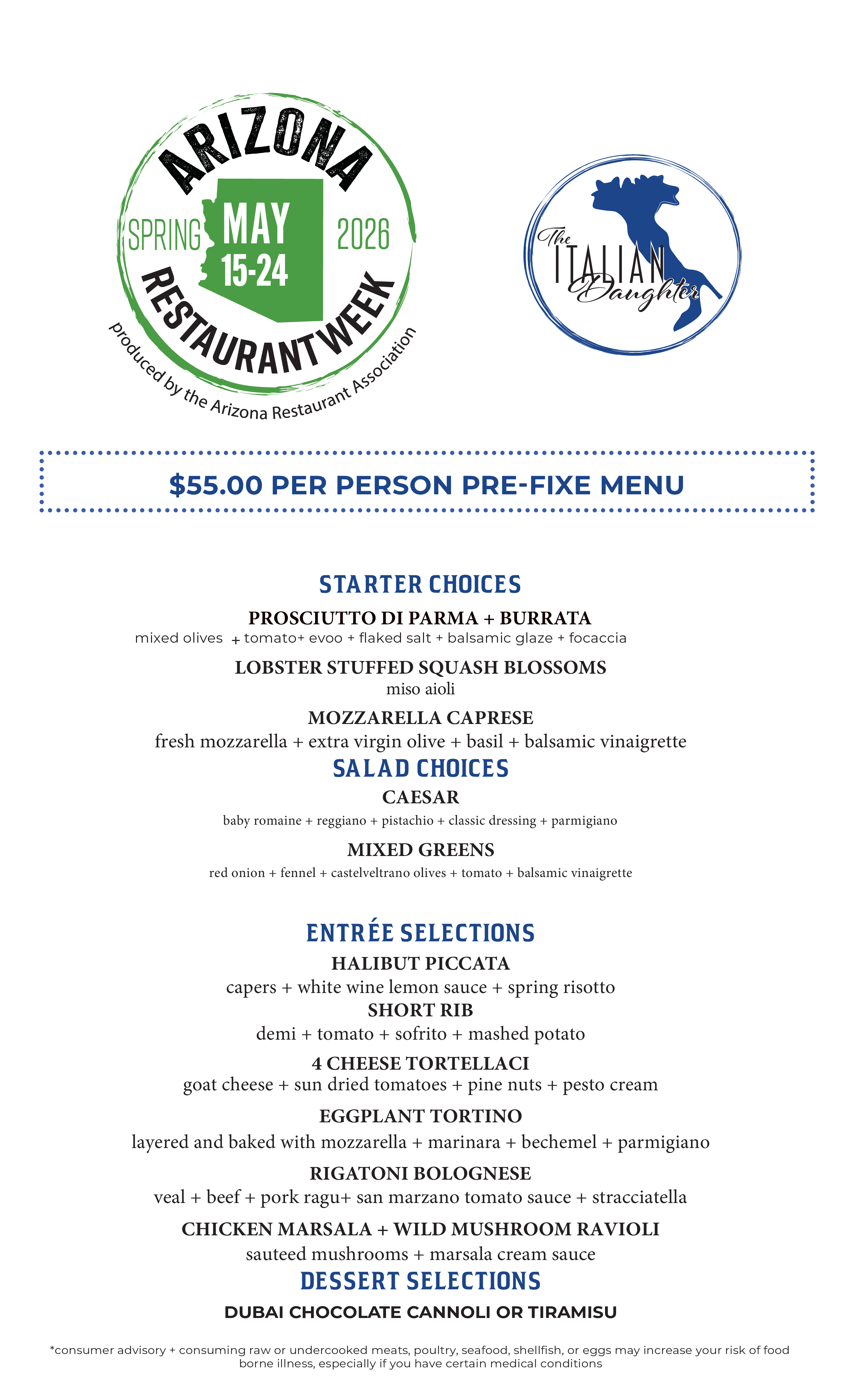a menu with blue and white text