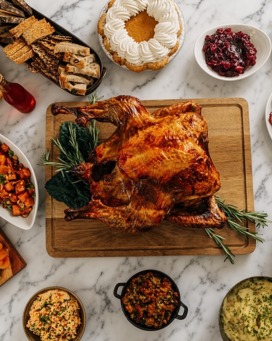a turkey on a cutting board with food on it