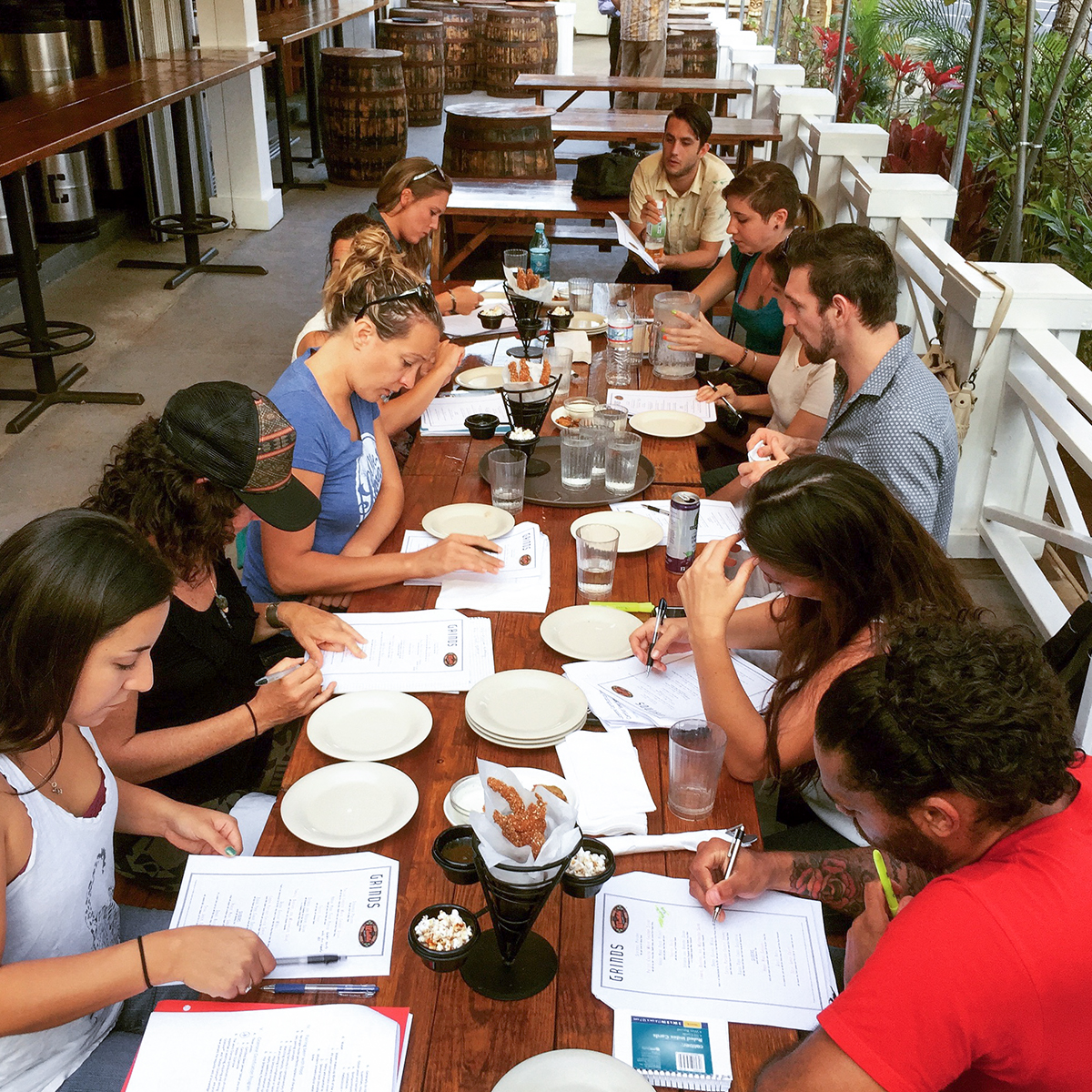 a group of people sitting at a table