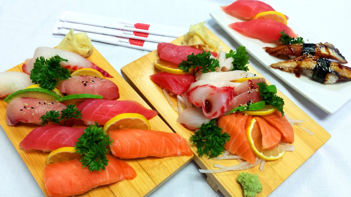 a plate of seafood on a table