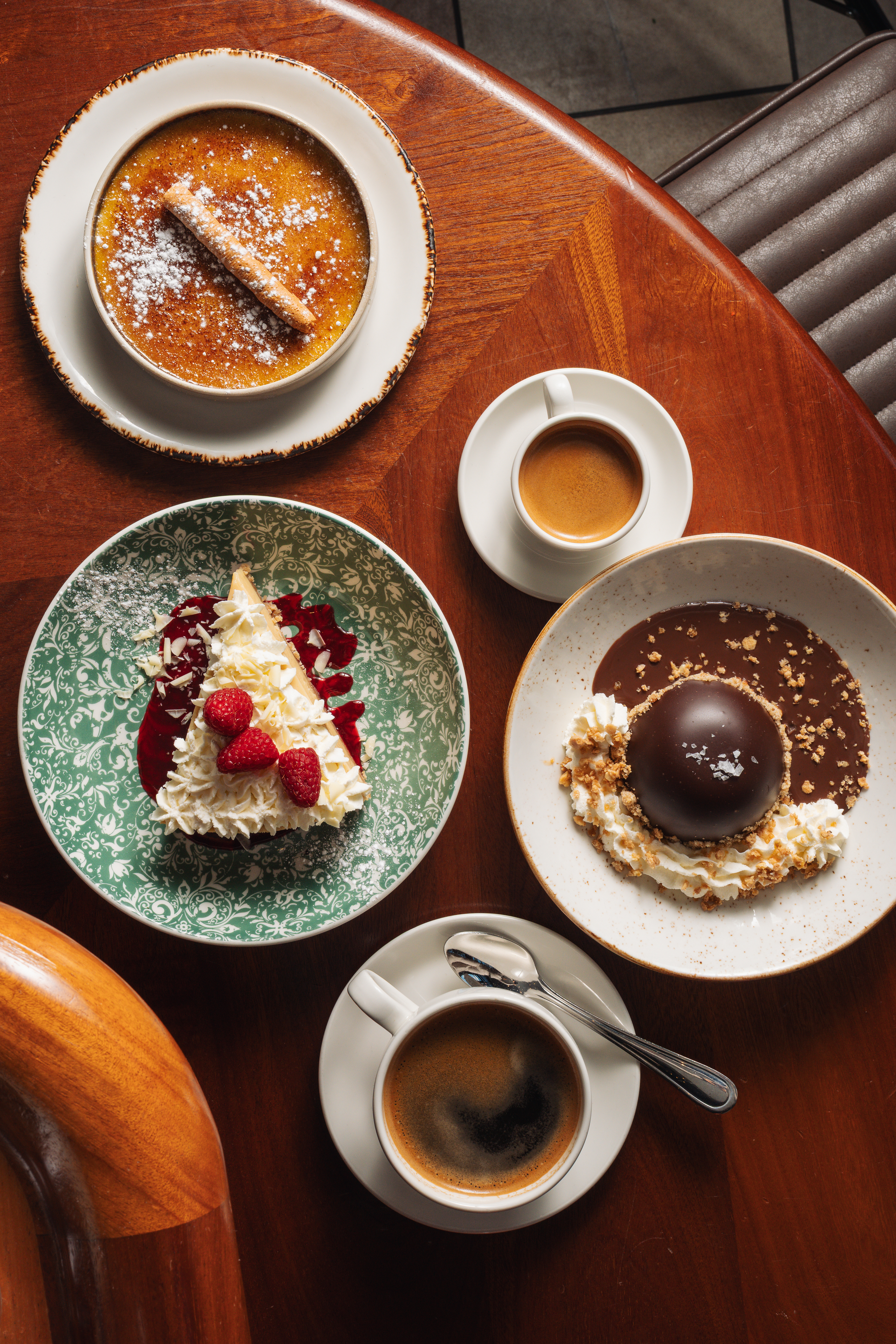 a table with plates of desserts and coffee