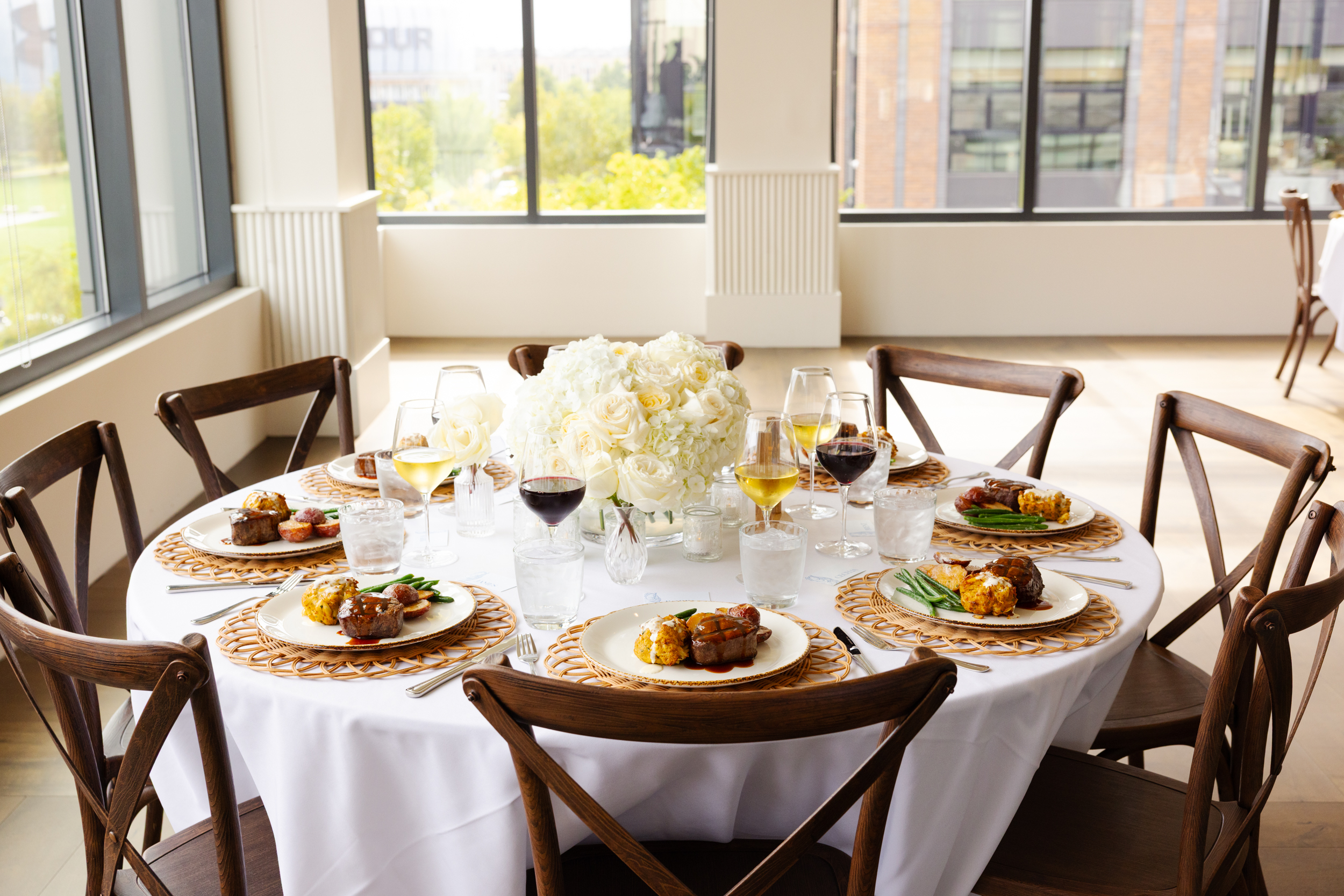 a dining table with a plate of food