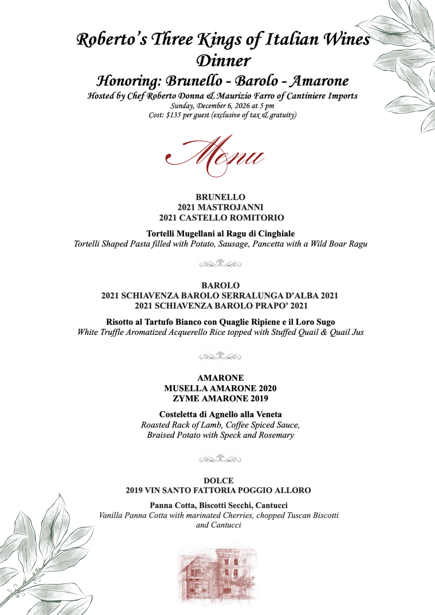 Roberto's Three Kings Decadent December Wine Dinner | Roberto's ...