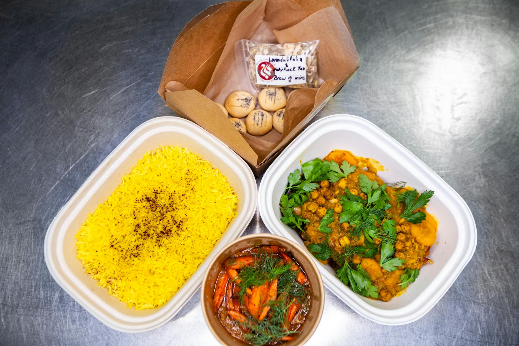 a bowl of food on a tray