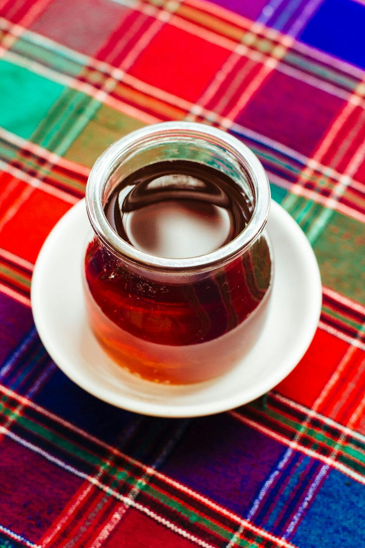 a close up of a plate with a fork and a cup of coffee