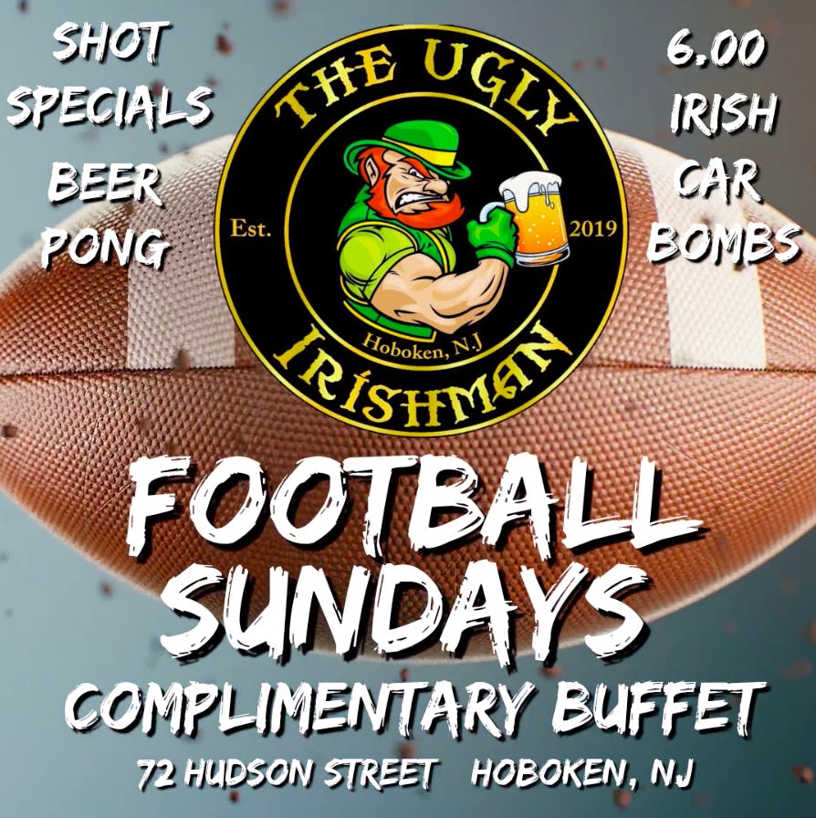 a flyer with football sundays information over a football with the Ugly Irishman logo