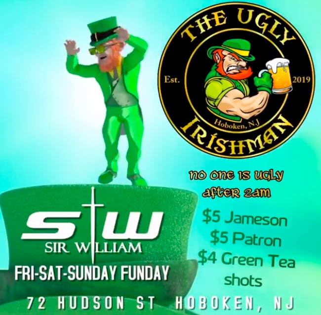 a flyer with drink specials information and a dancing leprechaun and The Ugly Irishman logo