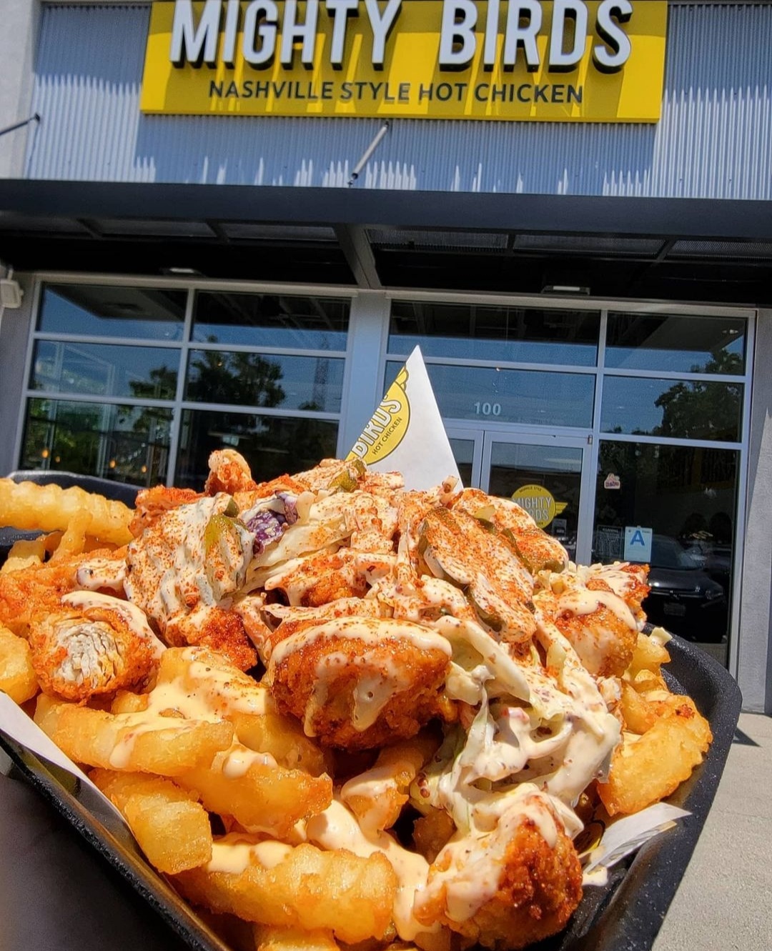 a close up of food in front of a store