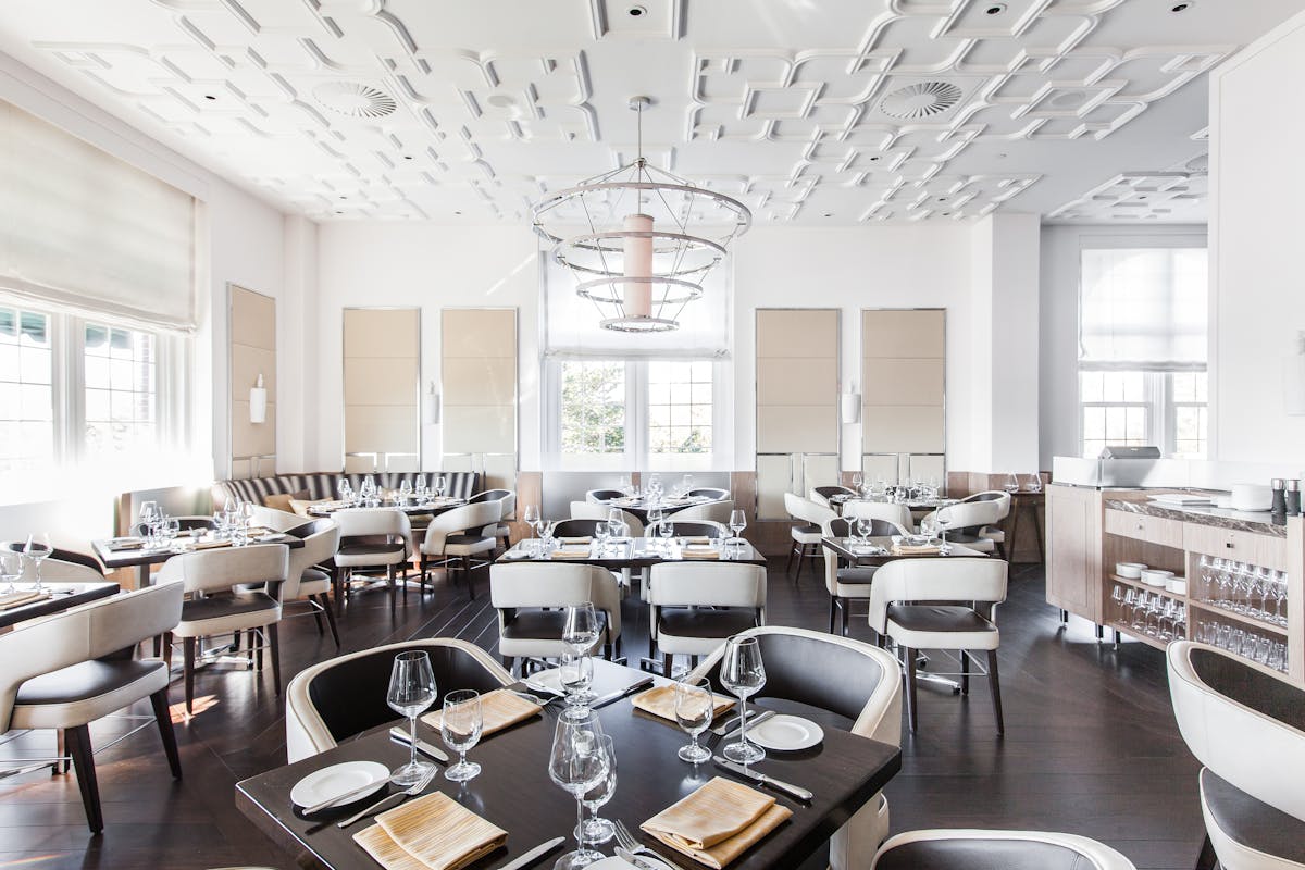 Interior of The Bocuse Restaurant dining room, on the campus of the Culinary Institute of America in Hyde Park, NY.