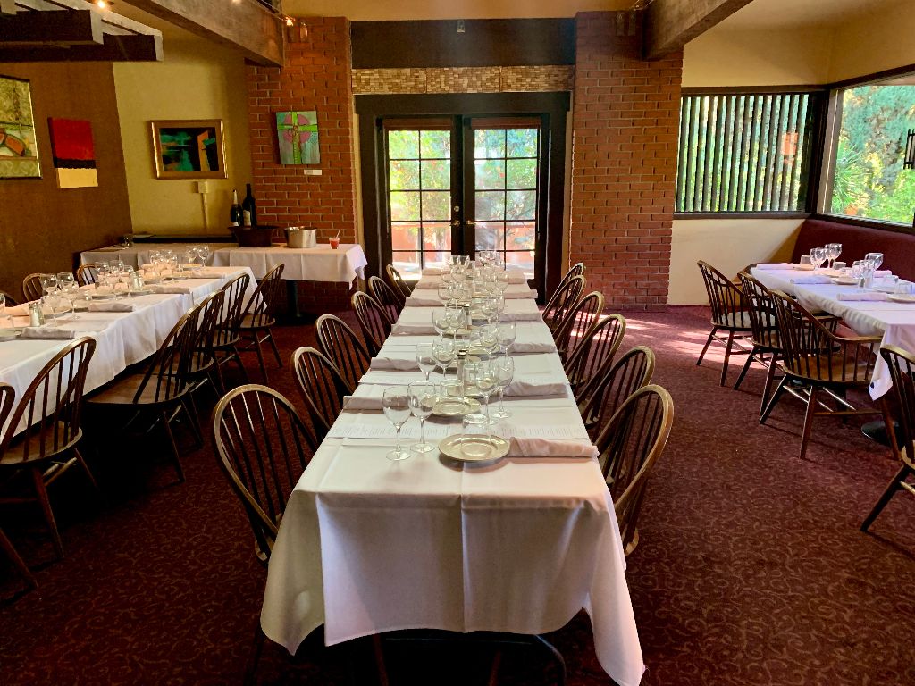 Banquet room set for 50 guests