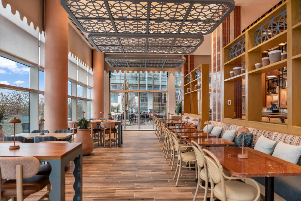 a room with tables and chairs